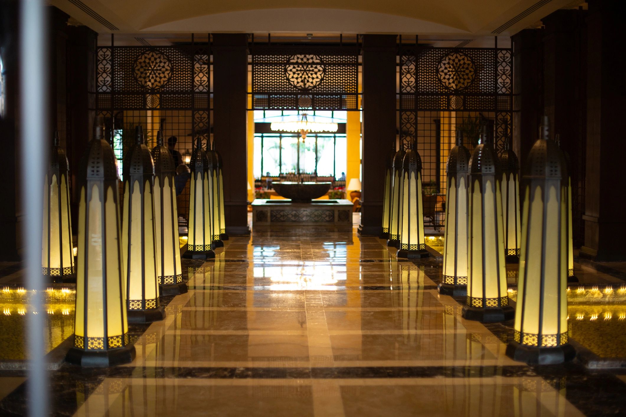 Warm luxury hotel lobby